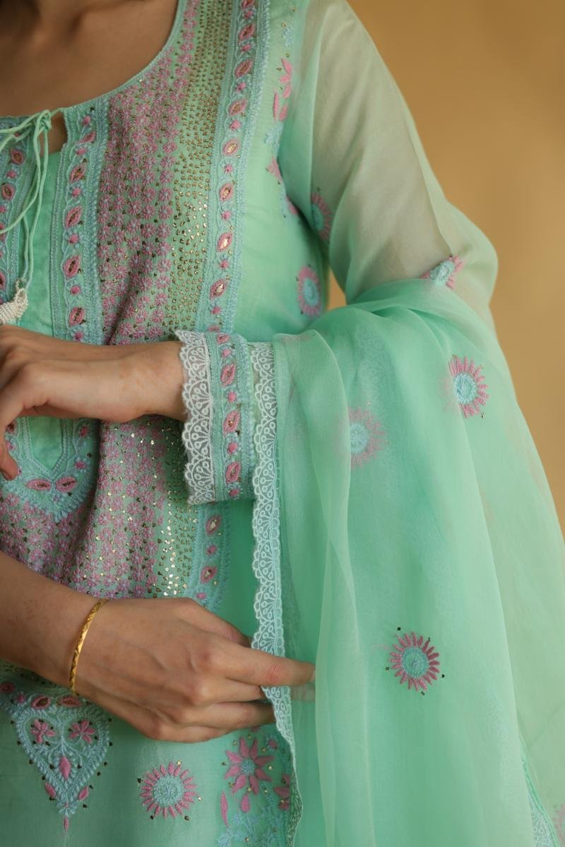 Sea Green Mukaish Kamdani Noor Organza Chikankari Kurta Set