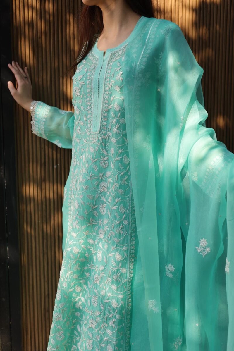 Sea Green Noor Organza Silk Chikankari A Line Kurta Dupatta Set