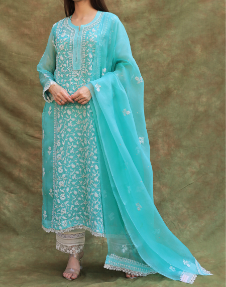 Sea Green Noor Organza Silk Chikankari A Line Kurta Dupatta Set
