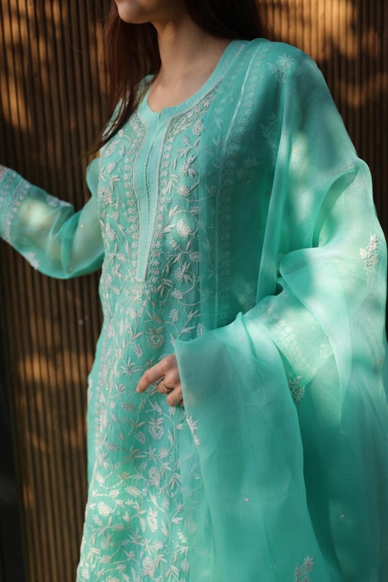 Sea Green Noor Organza Silk Chikankari A Line Kurta Dupatta Set