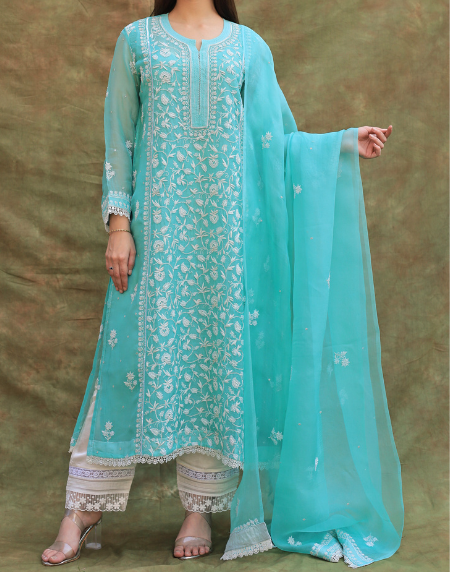 Sea Green Noor Organza Silk Chikankari A Line Kurta Dupatta Set