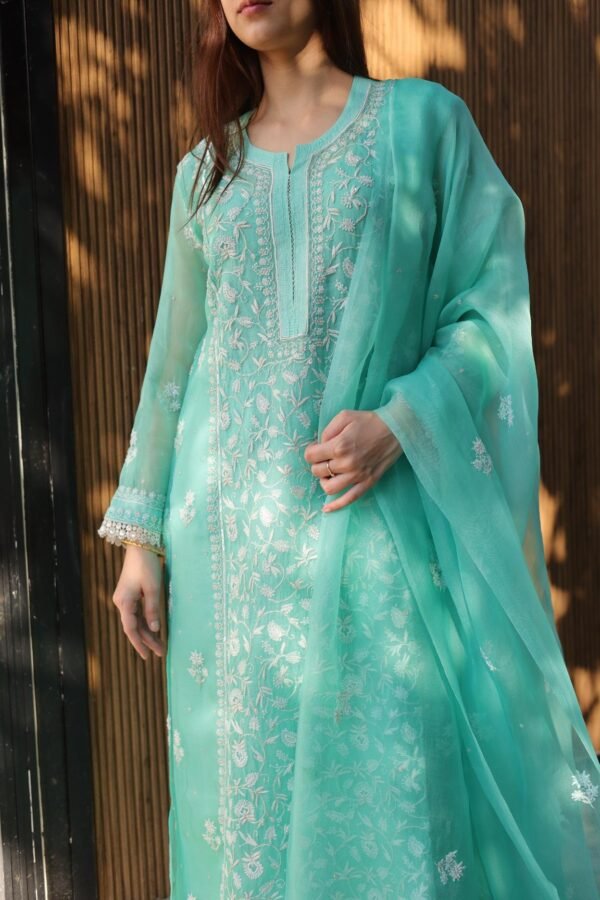 Sea Green Noor Organza Silk Chikankari A Line Kurta Dupatta Set - Image 7