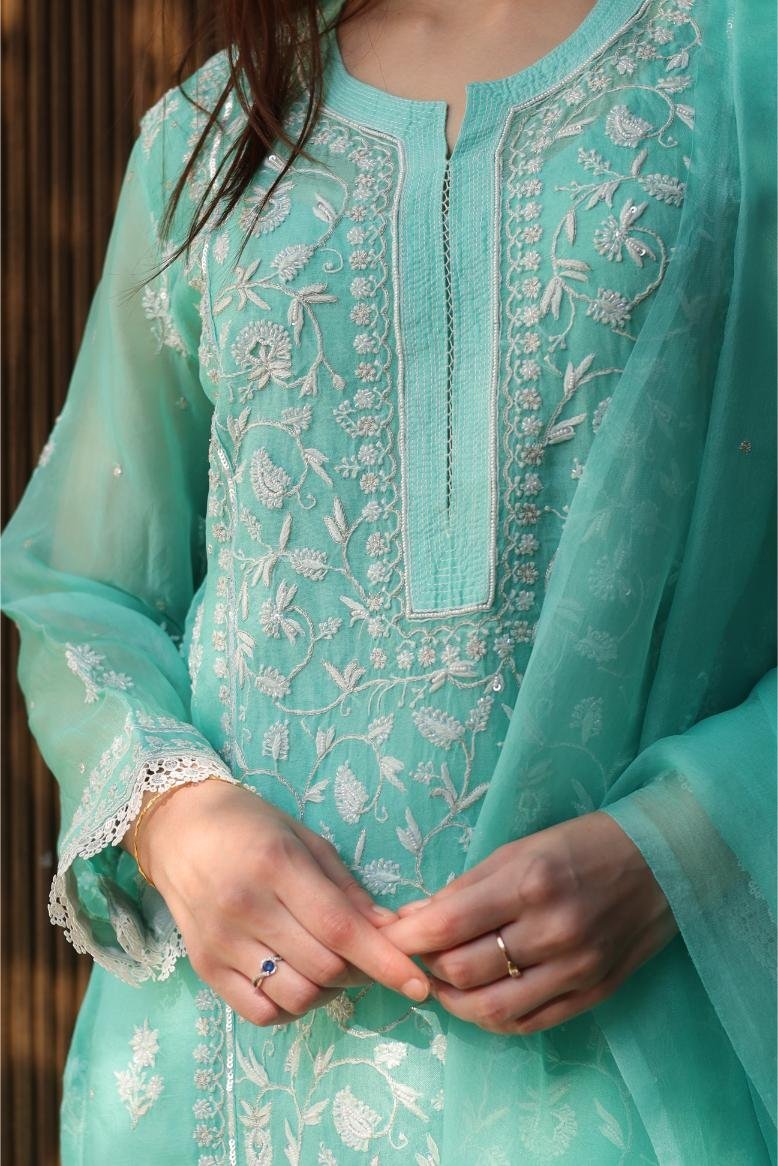 Sea Green Noor Organza Silk Chikankari A Line Kurta Dupatta Set