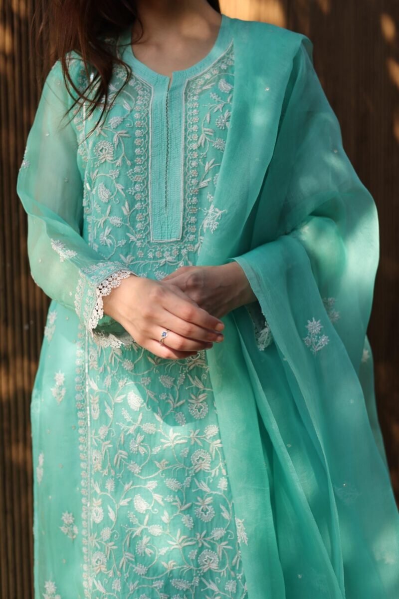 Sea Green Noor Organza Silk Chikankari A Line Kurta Dupatta Set
