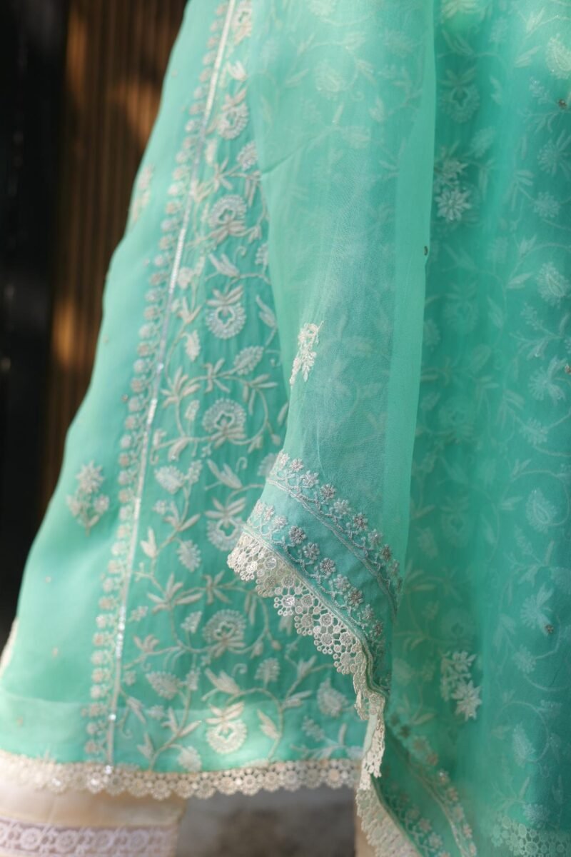 Sea Green Noor Organza Silk Chikankari A Line Kurta Dupatta Set