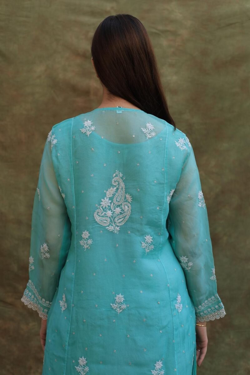 Sea Green Noor Organza Silk Chikankari A Line Kurta Dupatta Set