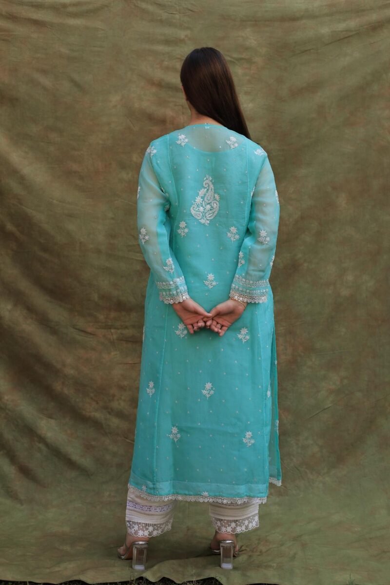 Sea Green Noor Organza Silk Chikankari A Line Kurta Dupatta Set