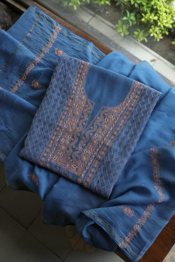 Silk Blue Mal Cotton Fine Chikankari With Kamdani Work Unstitched Fabric - Image 5