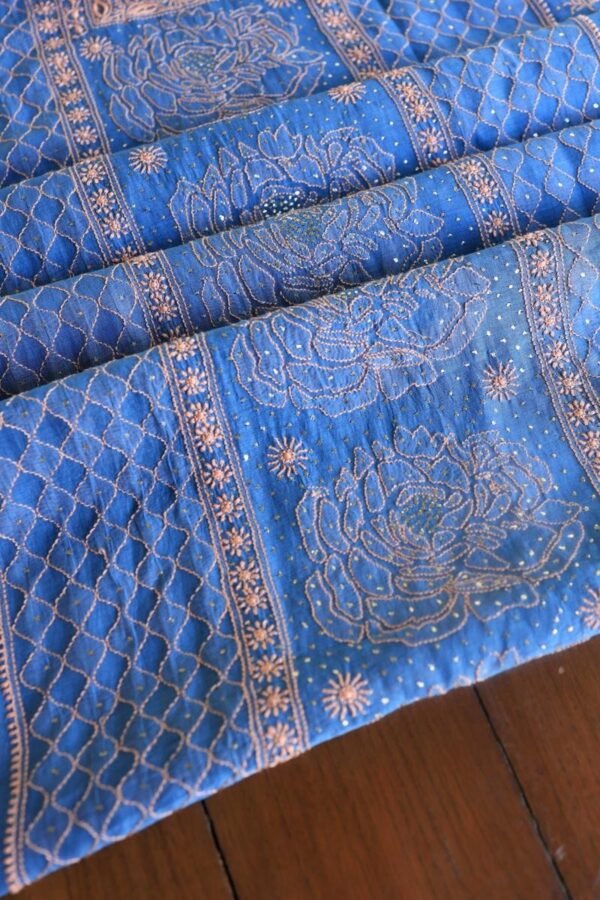 Silk Blue Mal Cotton Fine Chikankari With Kamdani Work Unstitched Fabric - Image 7