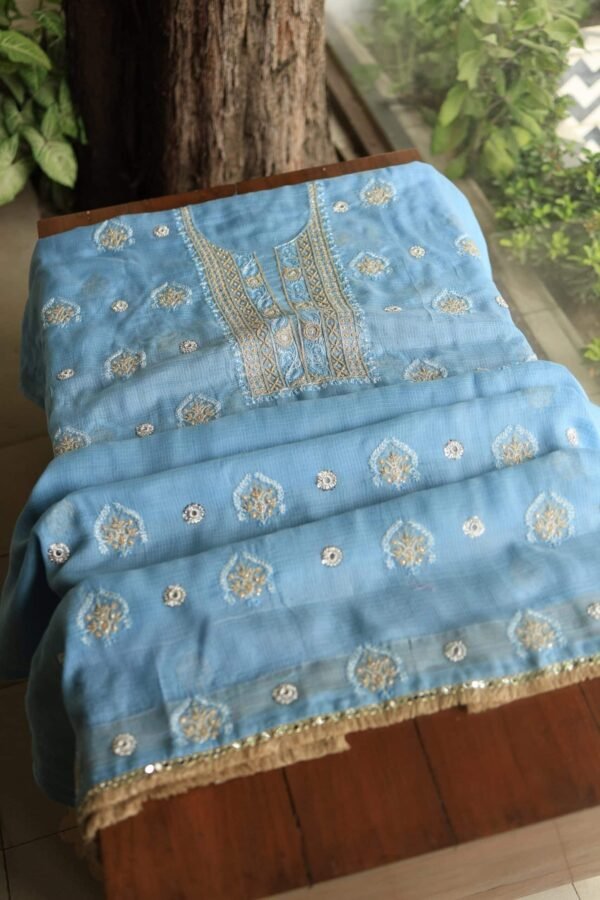 Blue Handloom Kota Chikankari With Mirror Work Unstitched Kurta Dupatta Set - Image 2