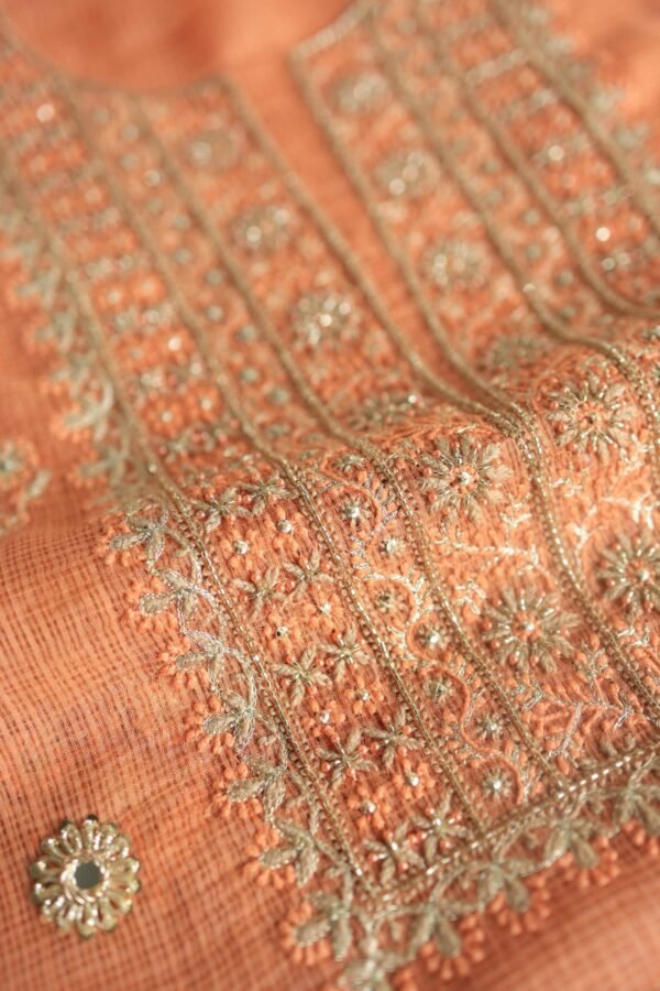 Orange Salmon  Handloom Kota Chikankari With Mirror Work Unstitched Kurta Dupatta Set - Image 6