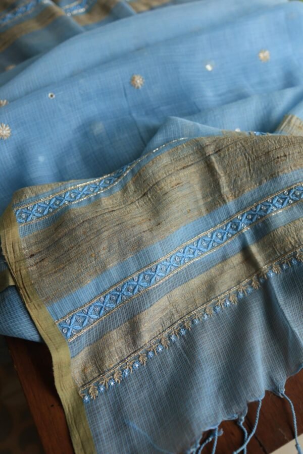 Blue Handloom Kota Chikankari With Mirror Work Unstitched Kurta Dupatta Set - Image 12