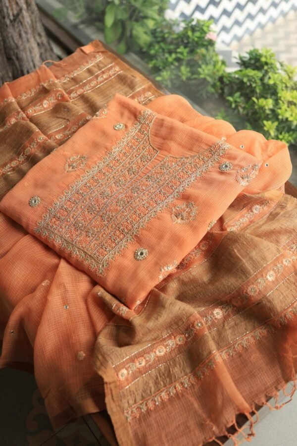 Orange Salmon  Handloom Kota Chikankari With Mirror Work Unstitched Kurta Dupatta Set - Image 7