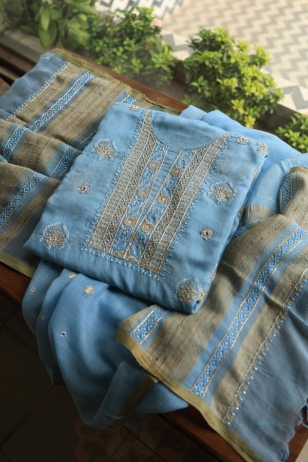 Blue Handloom Kota Chikankari With Mirror Work Unstitched Kurta Dupatta Set - Image 13