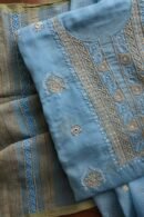 Blue Handloom Kota Chikankari With Mirror Work Unstitched Kurta Dupatta Set