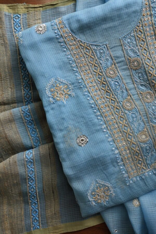Blue Handloom Kota Chikankari With Mirror Work Unstitched Kurta Dupatta Set - Image 14