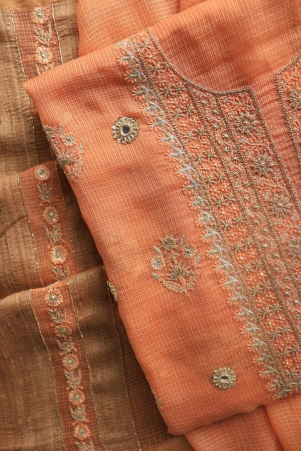 Orange Salmon  Handloom Kota Chikankari With Mirror Work Unstitched Kurta Dupatta Set - Image 9