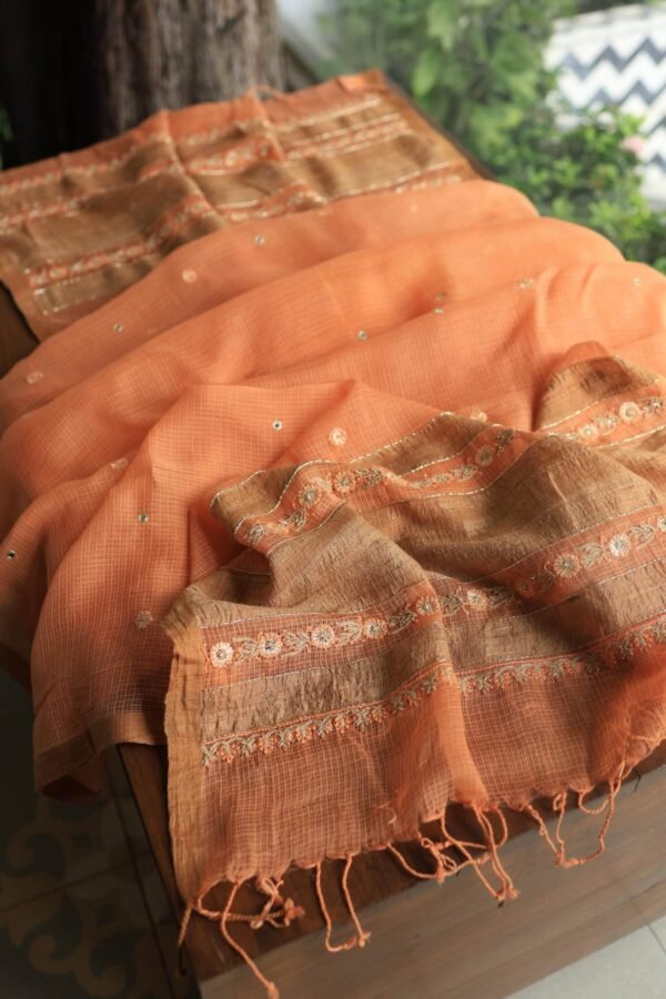 Orange Salmon  Handloom Kota Chikankari With Mirror Work Unstitched Kurta Dupatta Set - Image 11