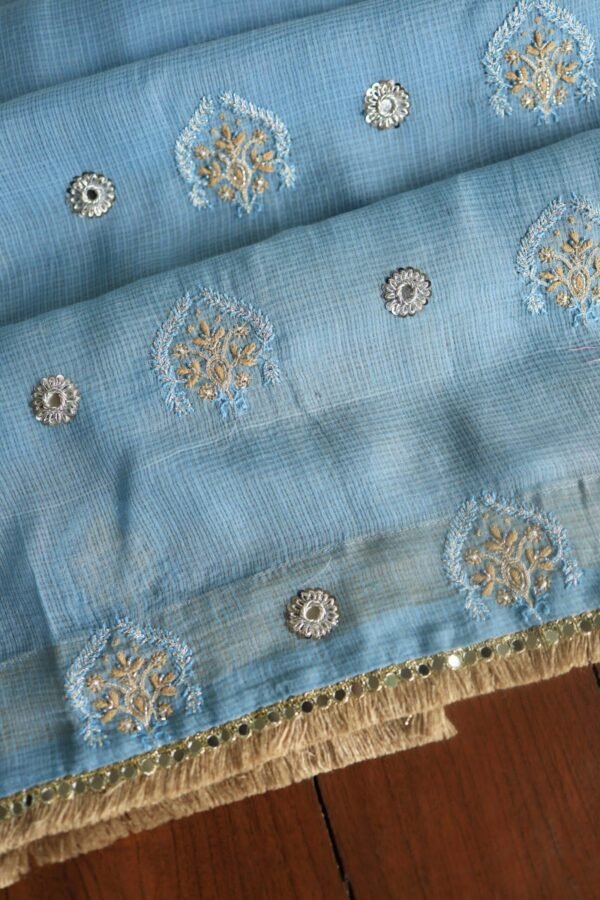 Blue Handloom Kota Chikankari With Mirror Work Unstitched Kurta Dupatta Set - Image 3