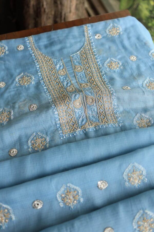 Blue Handloom Kota Chikankari With Mirror Work Unstitched Kurta Dupatta Set - Image 4