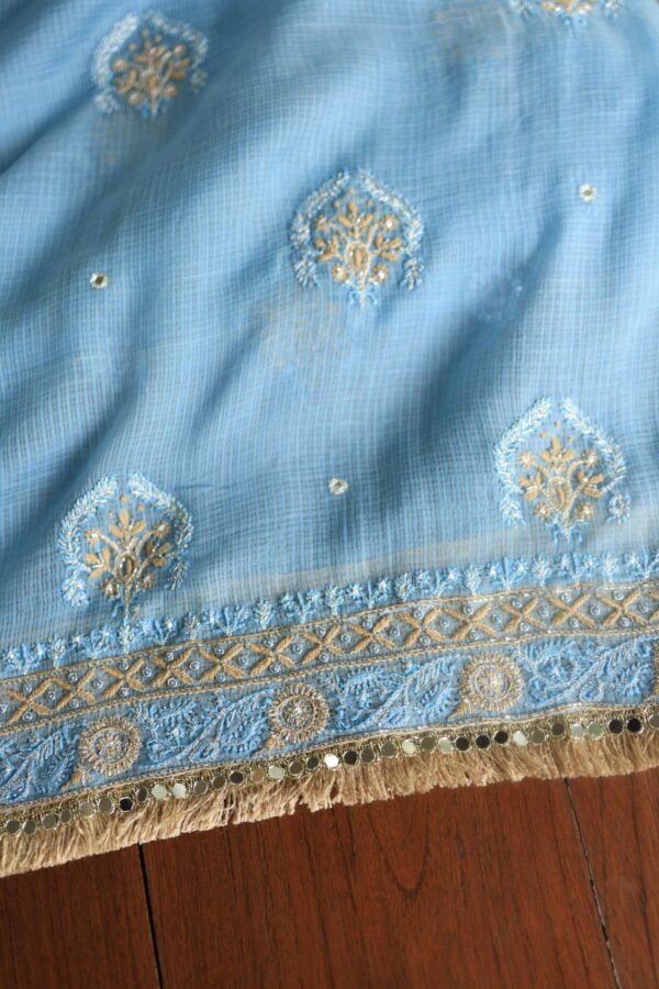 Blue Handloom Kota Chikankari With Mirror Work Unstitched Kurta Dupatta Set - Image 6