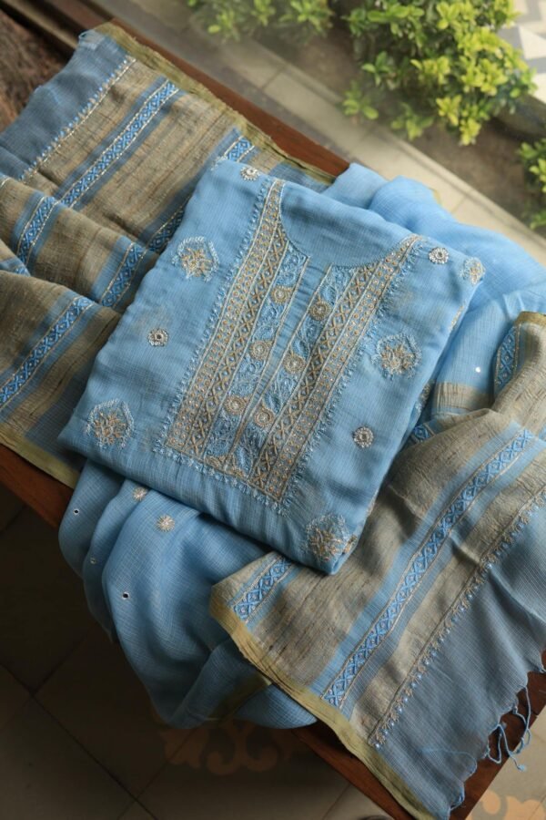 Blue Handloom Kota Chikankari With Mirror Work Unstitched Kurta Dupatta Set - Image 8
