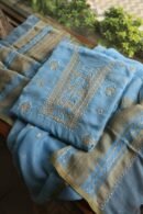 Blue Handloom Kota Chikankari With Mirror Work Unstitched Kurta Dupatta Set