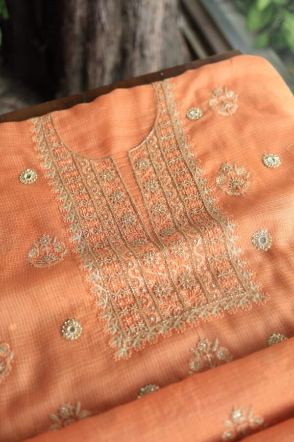 Orange Salmon  Handloom Kota Chikankari With Mirror Work Unstitched Kurta Dupatta Set - Image 5