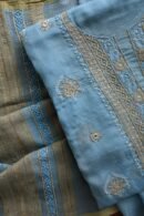 Blue Handloom Kota Chikankari With Mirror Work Unstitched Kurta Dupatta Set