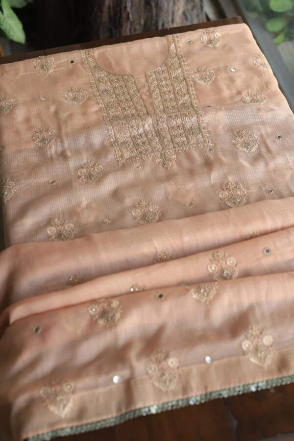 Peach Handloom Kota Chikankari With Mirror Work Unstitched Kurta Dupatta Set - Image 10