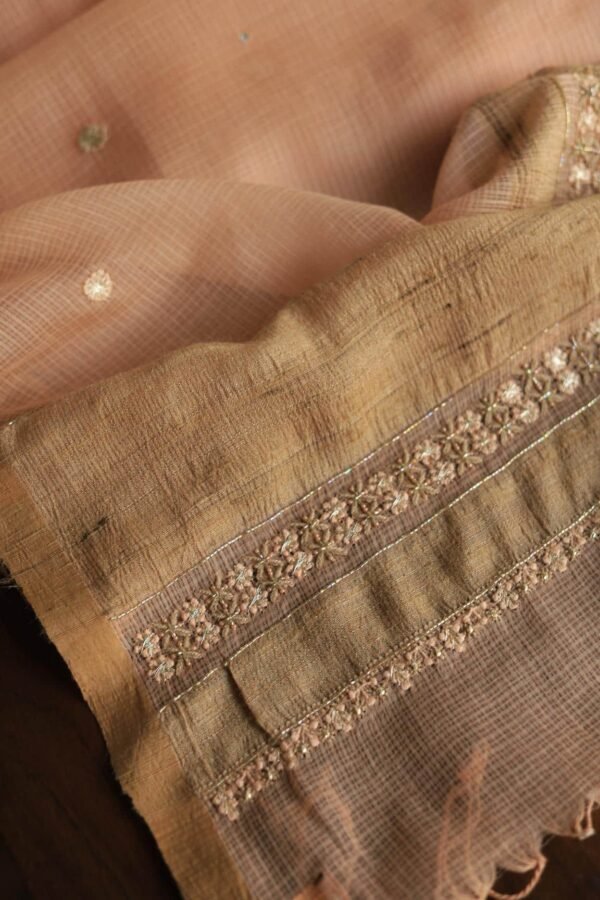 Peach Handloom Kota Chikankari With Mirror Work Unstitched Kurta Dupatta Set - Image 15