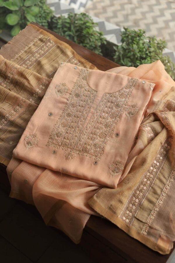 Peach Handloom Kota Chikankari With Mirror Work Unstitched Kurta Dupatta Set - Image 7