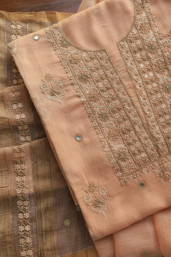 Peach Handloom Kota Chikankari With Mirror Work Unstitched Kurta Dupatta Set - Image 3