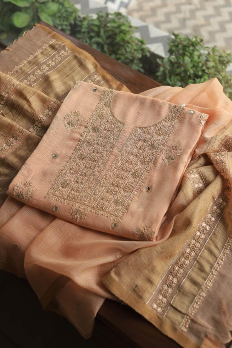 Peach Handloom Kota Chikankari With Mirror Work Unstitched Kurta Dupatta Set