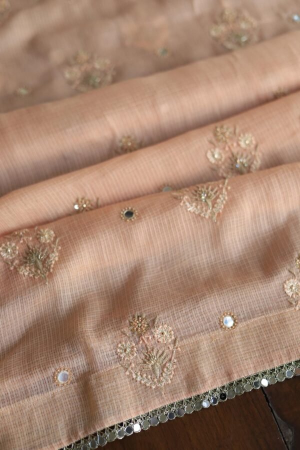 Peach Handloom Kota Chikankari With Mirror Work Unstitched Kurta Dupatta Set - Image 16