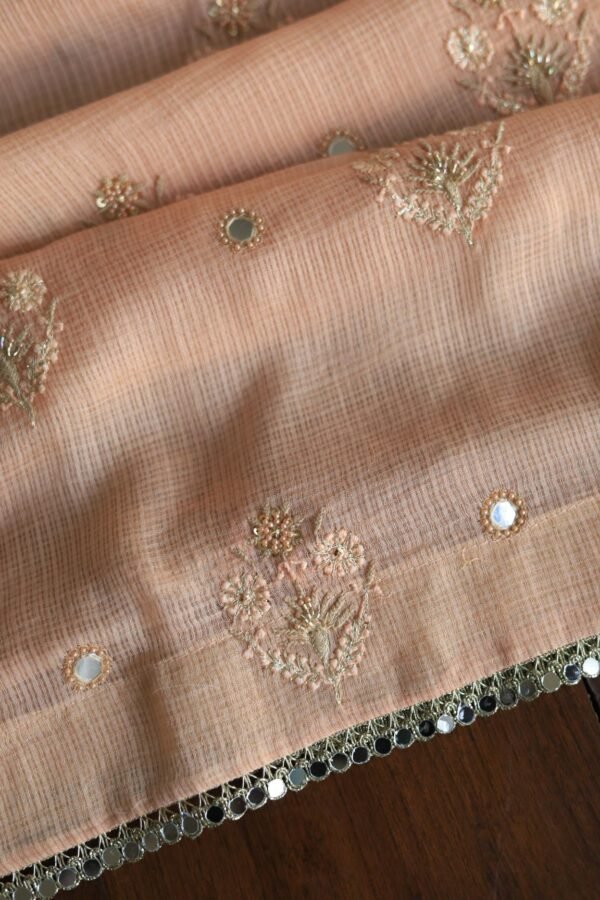 Peach Handloom Kota Chikankari With Mirror Work Unstitched Kurta Dupatta Set - Image 12