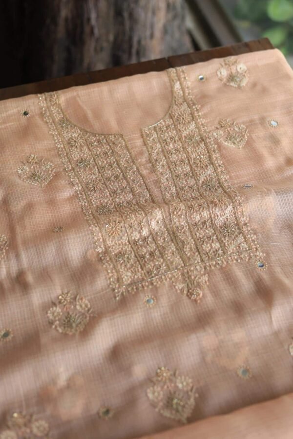 Peach Handloom Kota Chikankari With Mirror Work Unstitched Kurta Dupatta Set - Image 8