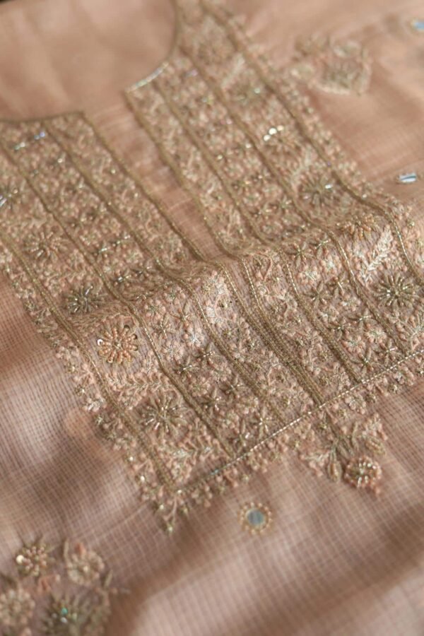 Peach Handloom Kota Chikankari With Mirror Work Unstitched Kurta Dupatta Set - Image 9