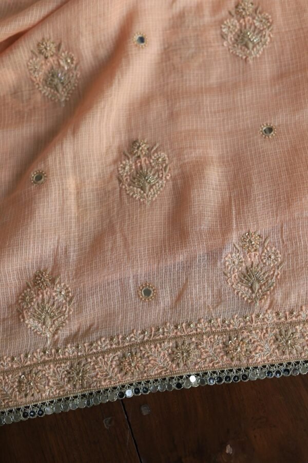 Peach Handloom Kota Chikankari With Mirror Work Unstitched Kurta Dupatta Set - Image 13