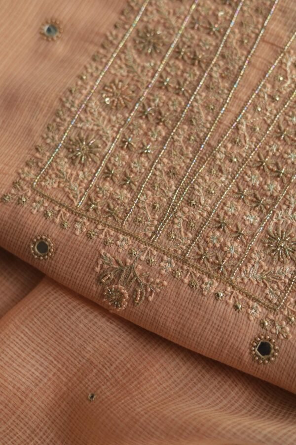 Peach Handloom Kota Chikankari With Mirror Work Unstitched Kurta Dupatta Set - Image 2