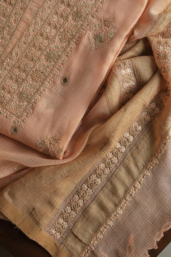 Peach Handloom Kota Chikankari With Mirror Work Unstitched Kurta Dupatta Set - Image 11
