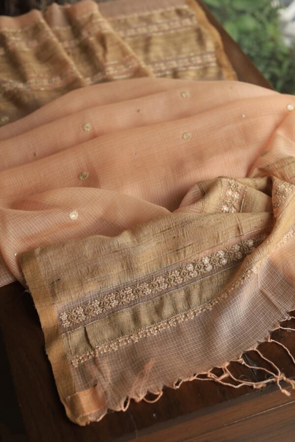 Peach Handloom Kota Chikankari With Mirror Work Unstitched Kurta Dupatta Set - Image 14