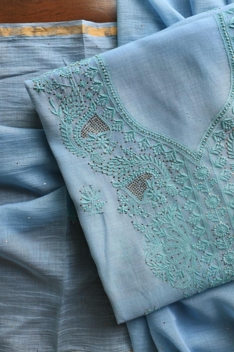 Sky Blue Mal Chanderi Chikankari Unstitched Kurta Dupatta Fabrics With Kamdani