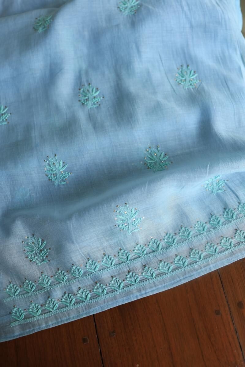 Sky Blue Mal Chanderi Chikankari Unstitched Kurta Dupatta Fabrics With Kamdani