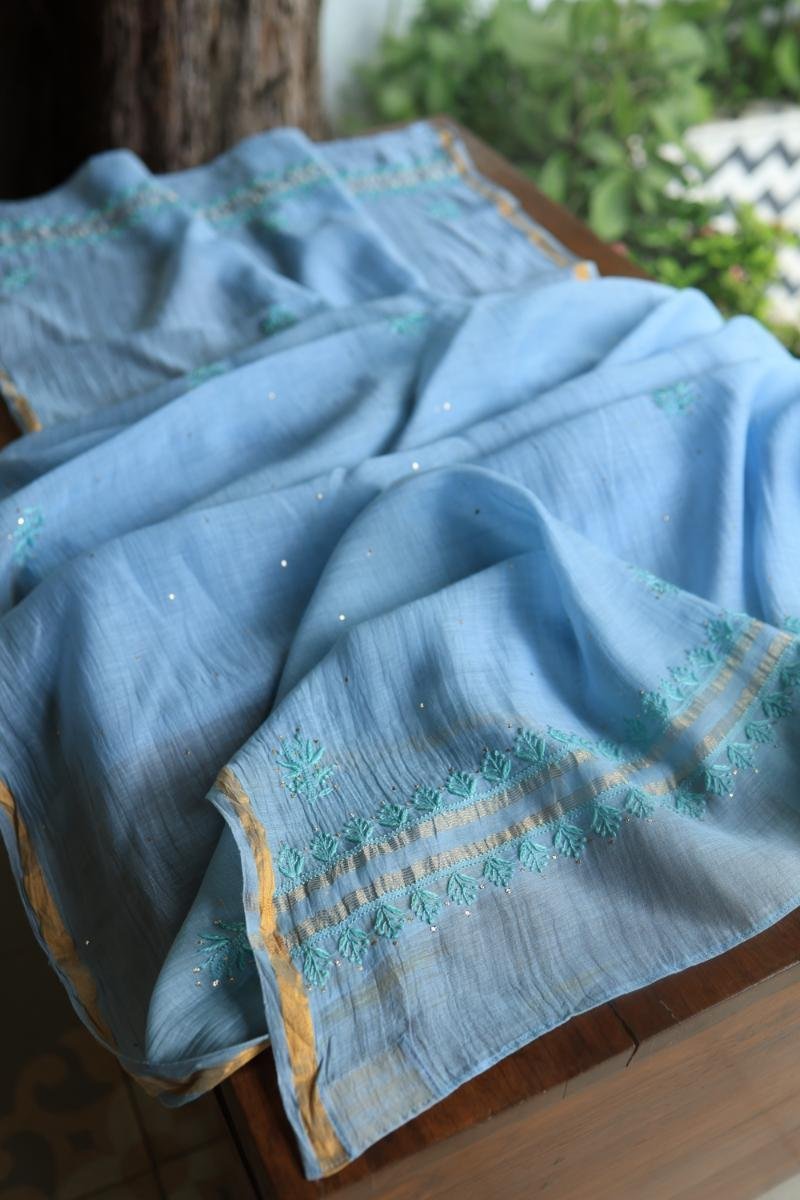 Sky Blue Mal Chanderi Chikankari Unstitched Kurta Dupatta Fabrics With Kamdani