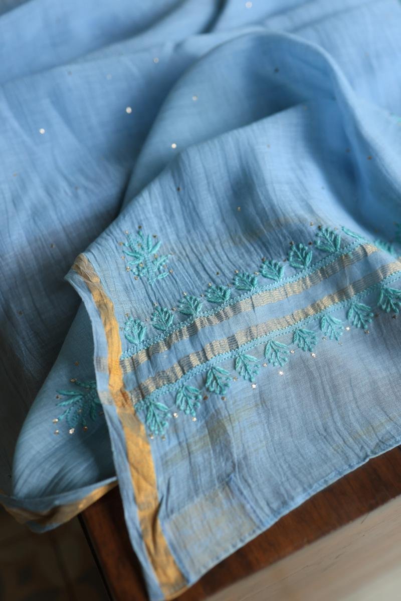 Sky Blue Mal Chanderi Chikankari Unstitched Kurta Dupatta Fabrics With Kamdani