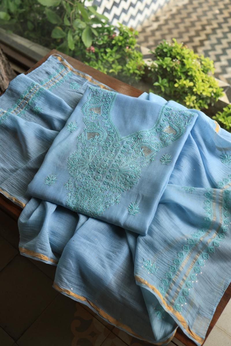 Sky Blue Mal Chanderi Chikankari Unstitched Kurta Dupatta Fabrics With Kamdani