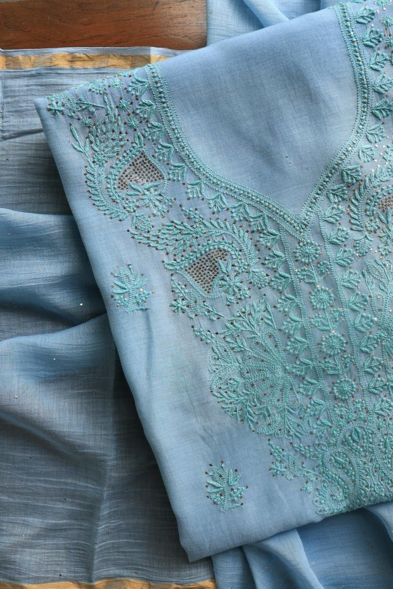 Sky Blue Mal Chanderi Chikankari Unstitched Kurta Dupatta Fabrics With Kamdani