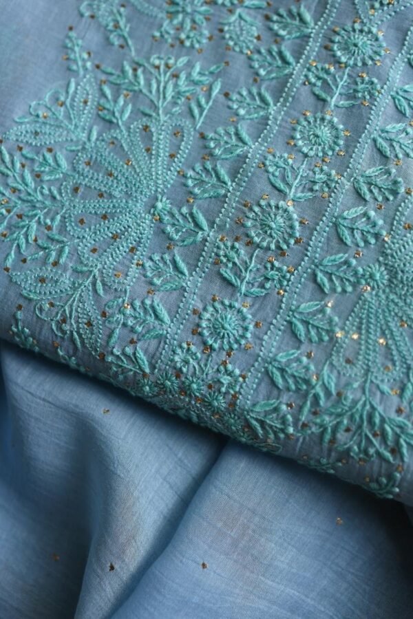 Sky Blue Mal Chanderi Chikankari Unstitched Kurta Dupatta Fabrics With Kamdani - Image 2