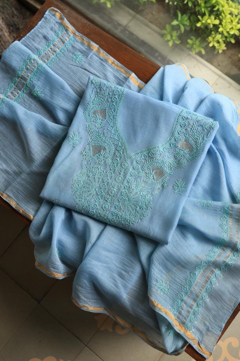 Sky Blue Mal Chanderi Chikankari Unstitched Kurta Dupatta Fabrics With Kamdani